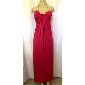 SKY Dress Chain Halter Neck Sleeveless Maxi A line Empire Waist Pink Long XS